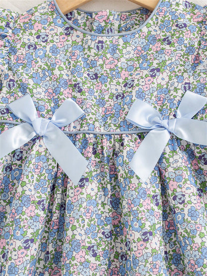 Autumn/Winter Mori Style Ditsy Floral Bow Decor Long Sleeve Dress For Social Gatherings, Baby Girl