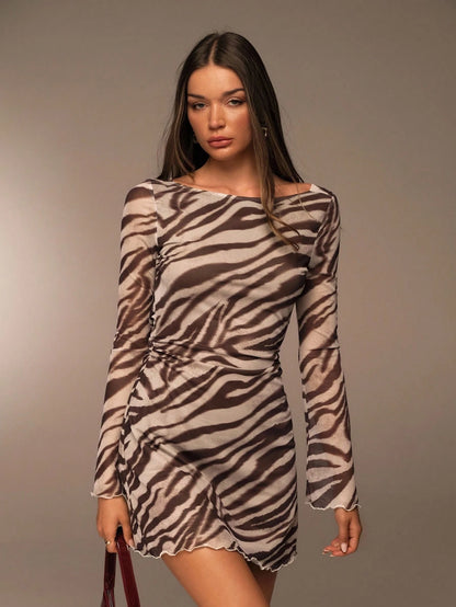 Avantive Beige Summer Chic Night Out Women Knitted Mini Dress,Off-Shoulder Bodycon Backless Zebra Print Brown Dress,Y2k Vintage Country Concert Outfit