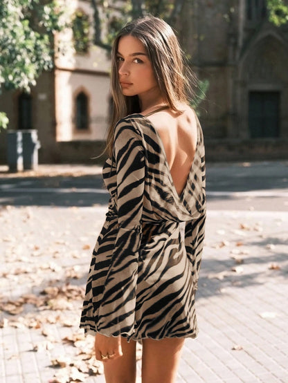 Avantive Beige Summer Chic Night Out Women Knitted Mini Dress,Off-Shoulder Bodycon Backless Zebra Print Brown Dress,Y2k Vintage Country Concert Outfit