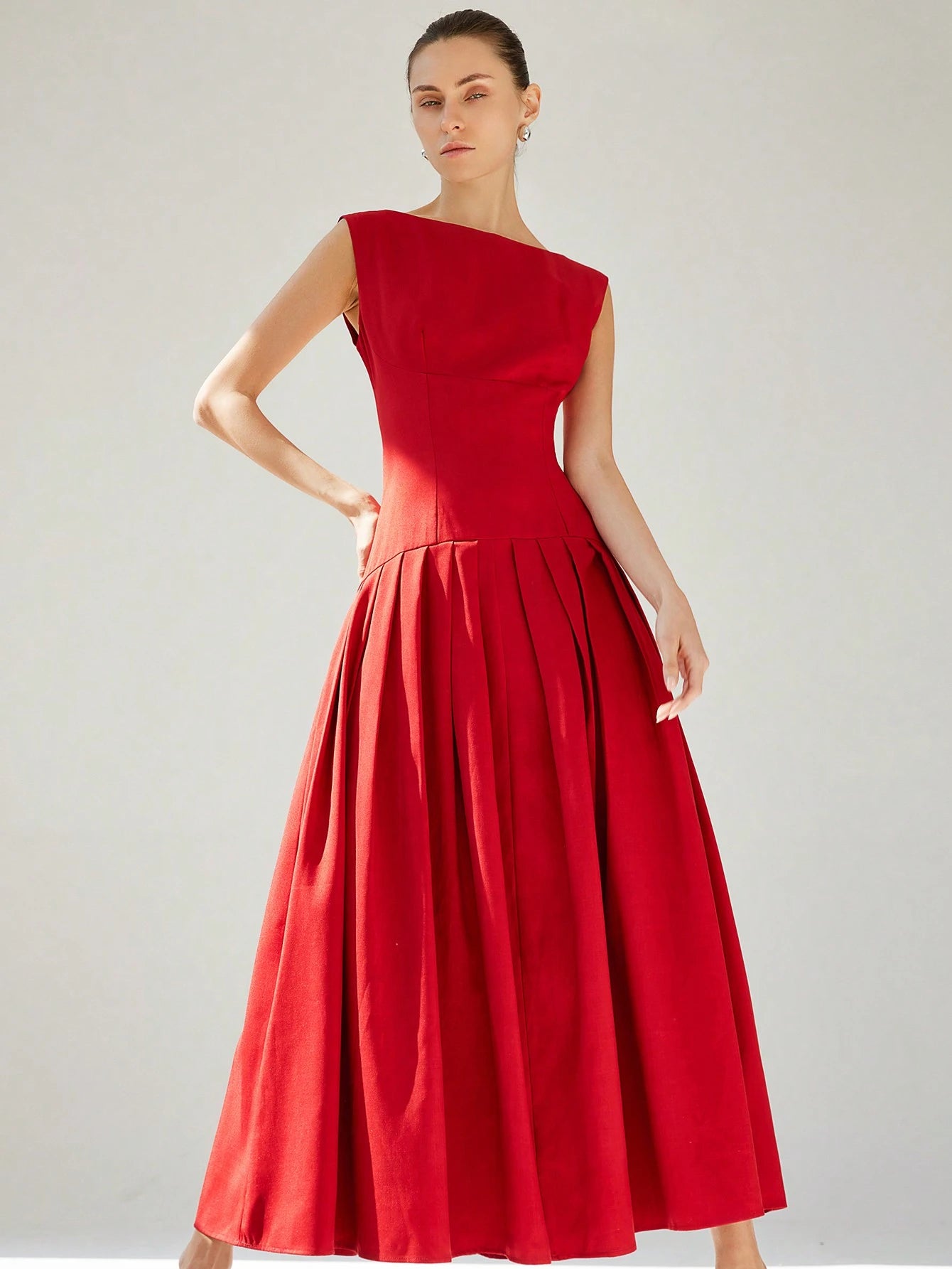 Aveloria Modichic Elegant Commuting Sleeveless Sexy Ruched Low-Waist Ruffled Hem Design Maxi Red Dress For Women, Valentine's Day