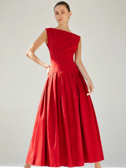 Aveloria Modichic Elegant Commuting Sleeveless Sexy Ruched Low-Waist Ruffled Hem Design Maxi Red Dress For Women, Valentine's Day