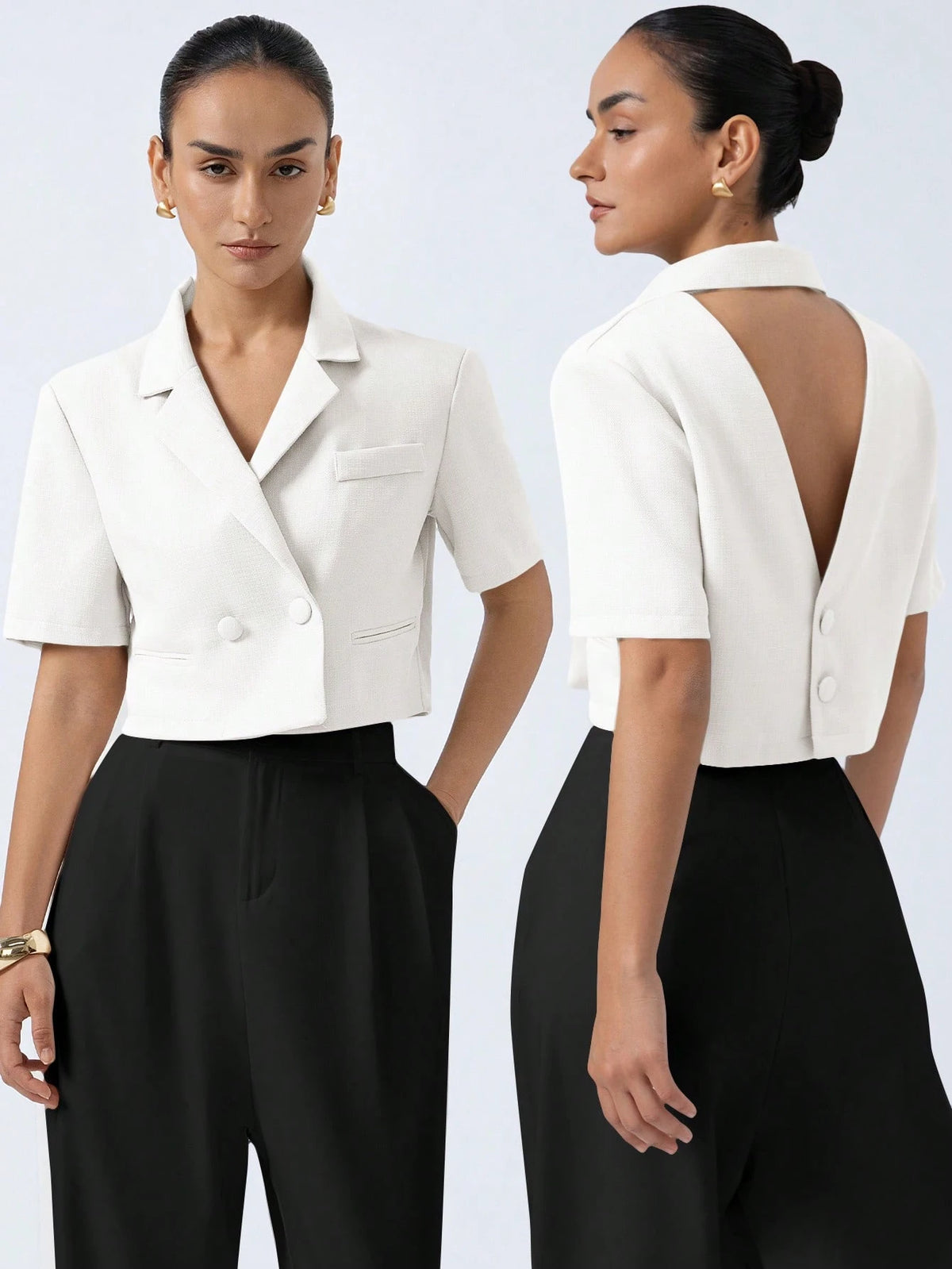 Aveloria Modichic Women's White Summer Casual Elegant Office Blazer,Sophisticated Vintage Textured Fabric Lapel Collar Backless Design,Short Sleeve Waist Cinched Slim
