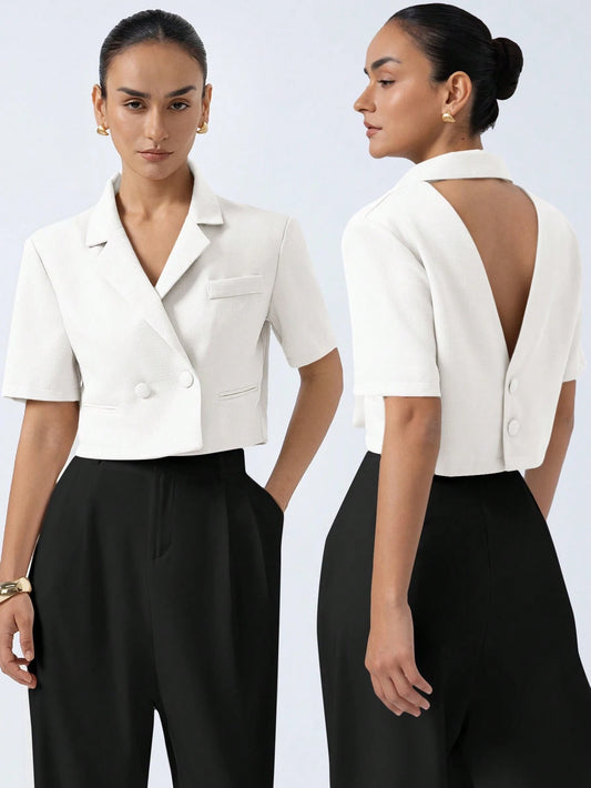 Aveloria Modichic Women's White Summer Casual Elegant Office Blazer,Sophisticated Vintage Textured Fabric Lapel Collar Backless Design,Short Sleeve Waist Cinched Slim