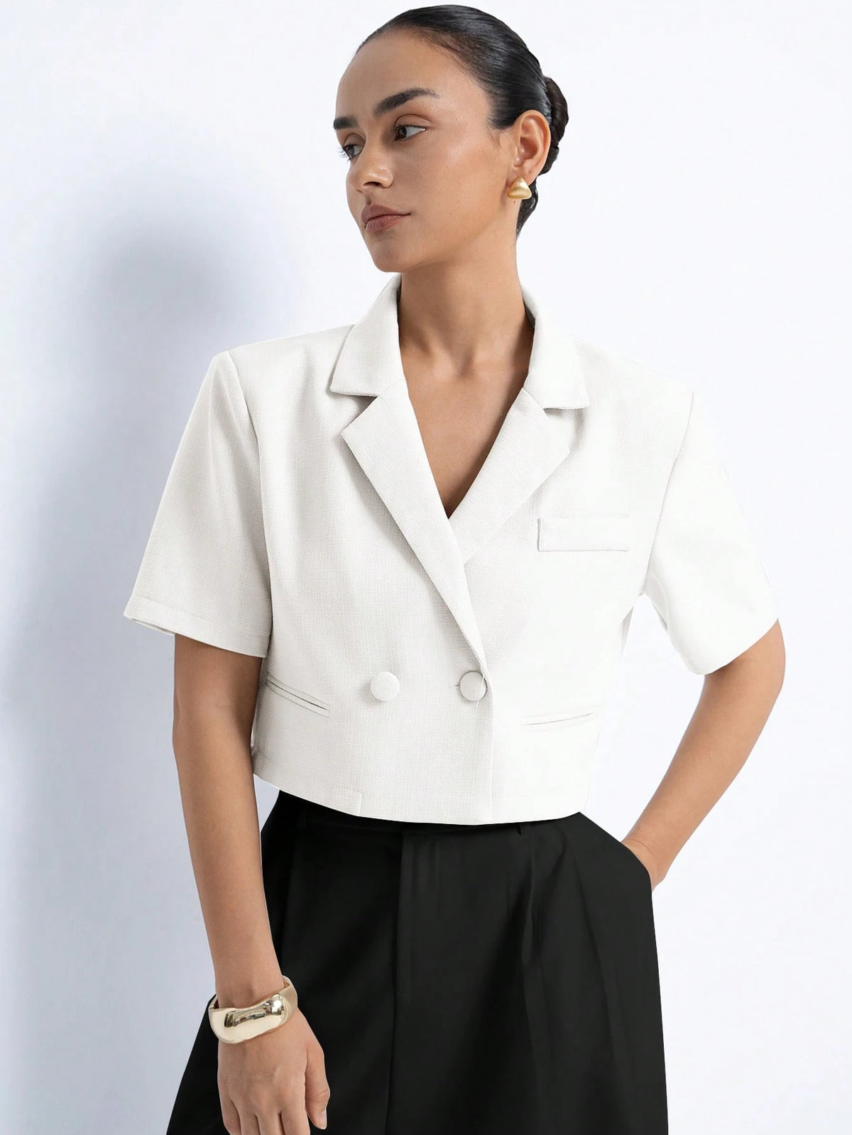 Aveloria Modichic Women's White Summer Casual Elegant Office Blazer,Sophisticated Vintage Textured Fabric Lapel Collar Backless Design,Short Sleeve Waist Cinched Slim