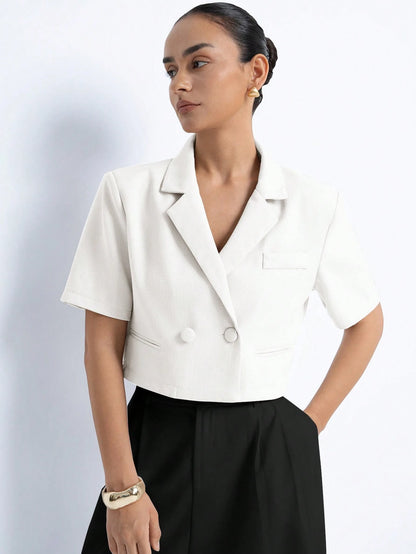 Aveloria Modichic Women's White Summer Casual Elegant Office Blazer,Sophisticated Vintage Textured Fabric Lapel Collar Backless Design,Short Sleeve Waist Cinched Slim
