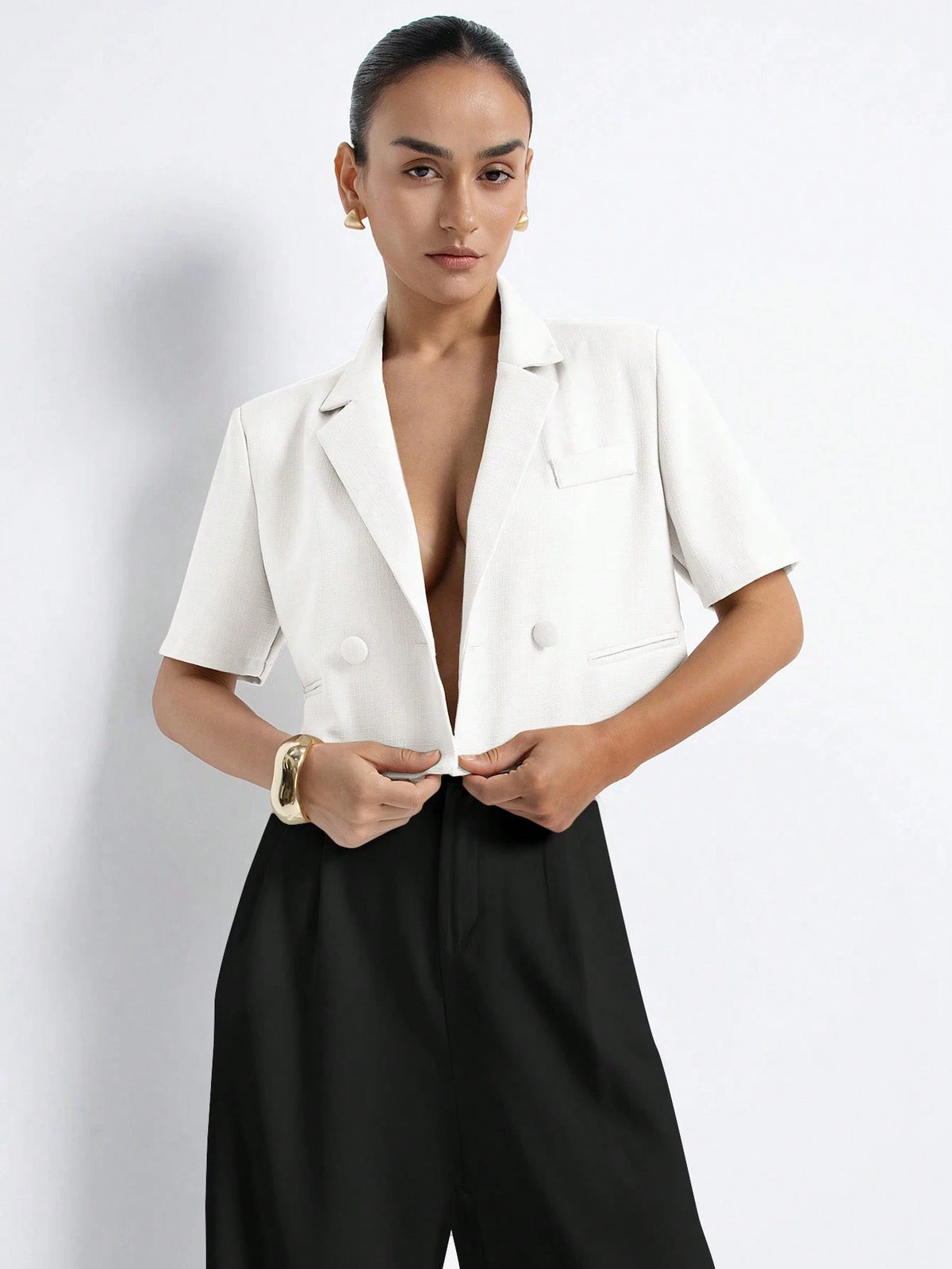 Aveloria Modichic Women's White Summer Casual Elegant Office Blazer,Sophisticated Vintage Textured Fabric Lapel Collar Backless Design,Short Sleeve Waist Cinched Slim