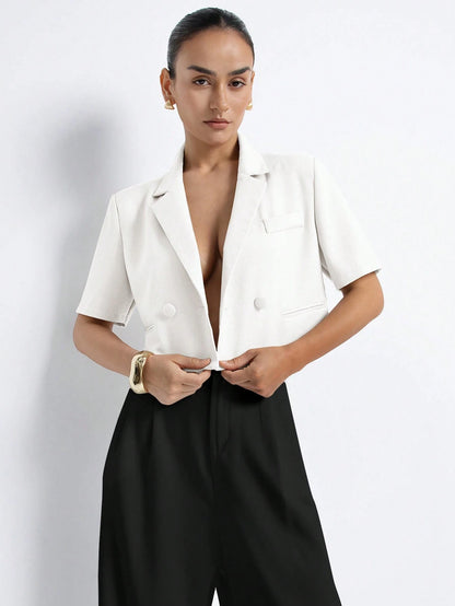 Aveloria Modichic Women's White Summer Casual Elegant Office Blazer,Sophisticated Vintage Textured Fabric Lapel Collar Backless Design,Short Sleeve Waist Cinched Slim