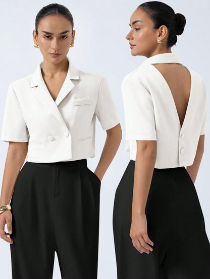 Aveloria Modichic Women's White Summer Casual Elegant Office Blazer,Sophisticated Vintage Textured Fabric Lapel Collar Backless Design,Short Sleeve Waist Cinched Slim