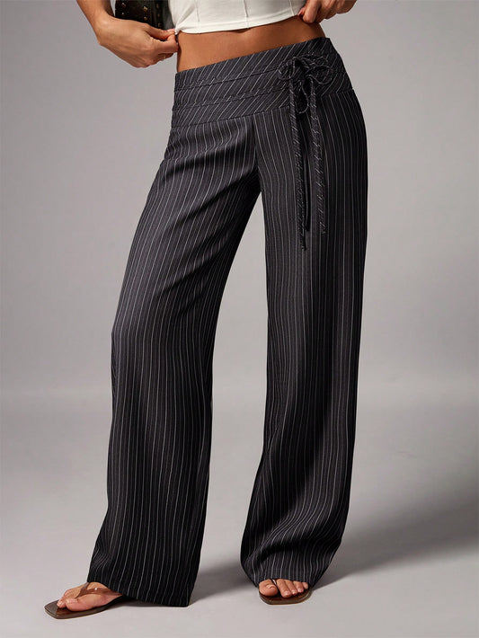 Avenya Black And White Checkered Low Waist Wide Leg Floor Length Pants With Dual Waist Tie Decoration Ball Summer Y2K
