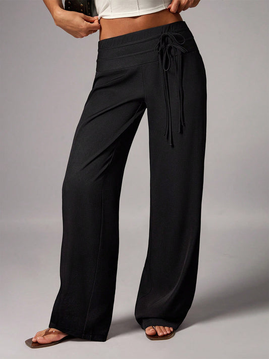 Avenya Women's Black High Waist Double Waistband Tie Leg Wide Leg Pants