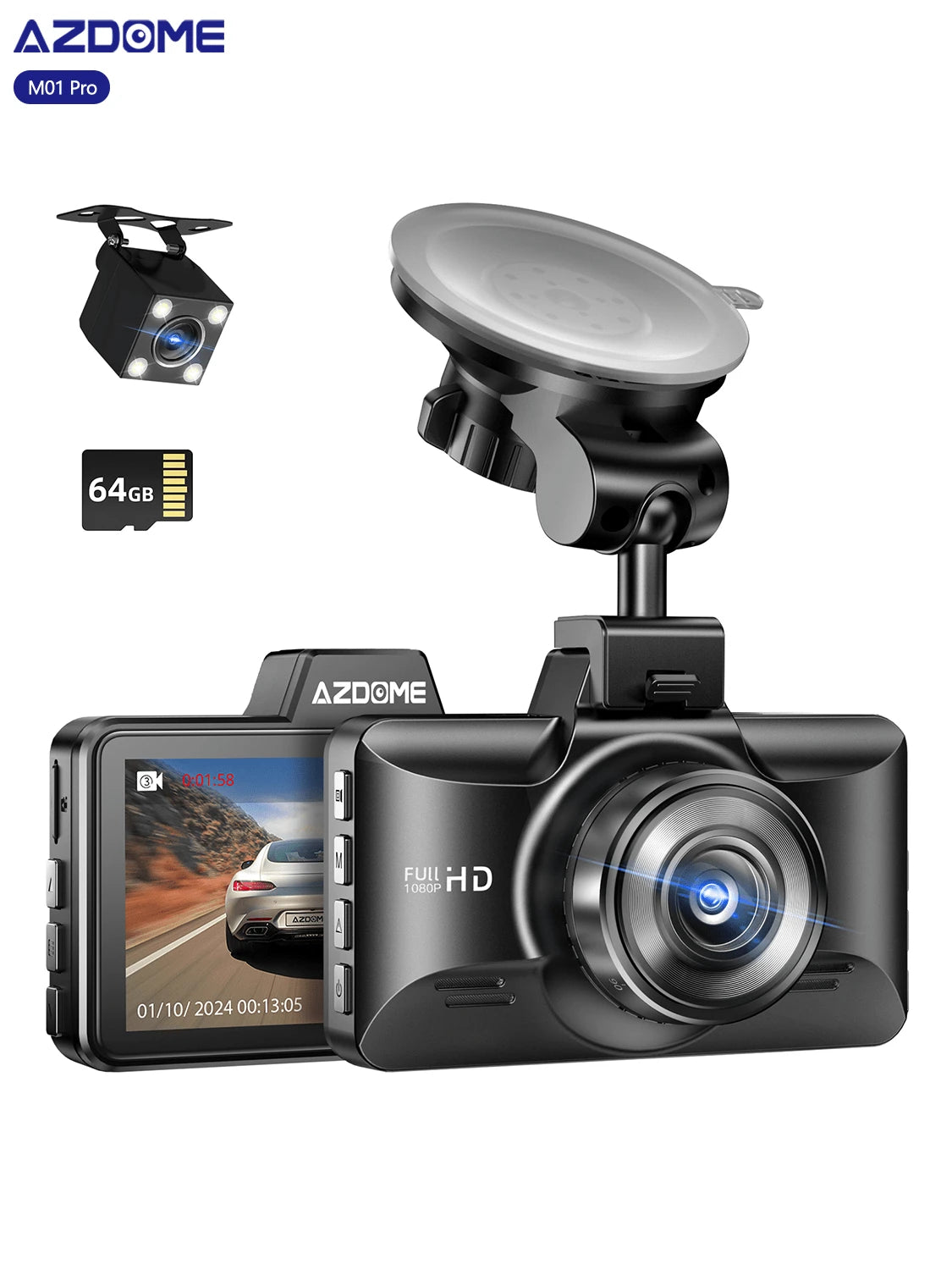 Azdome Dual Dash Cam Front And Rear, 3 Inch Screen FHD Dash Camera For Cars, Free 64GB Card, Built-In ADAS G-Sensor, WDR Night Vision, Waterproof Backup Camera, Park Monitor