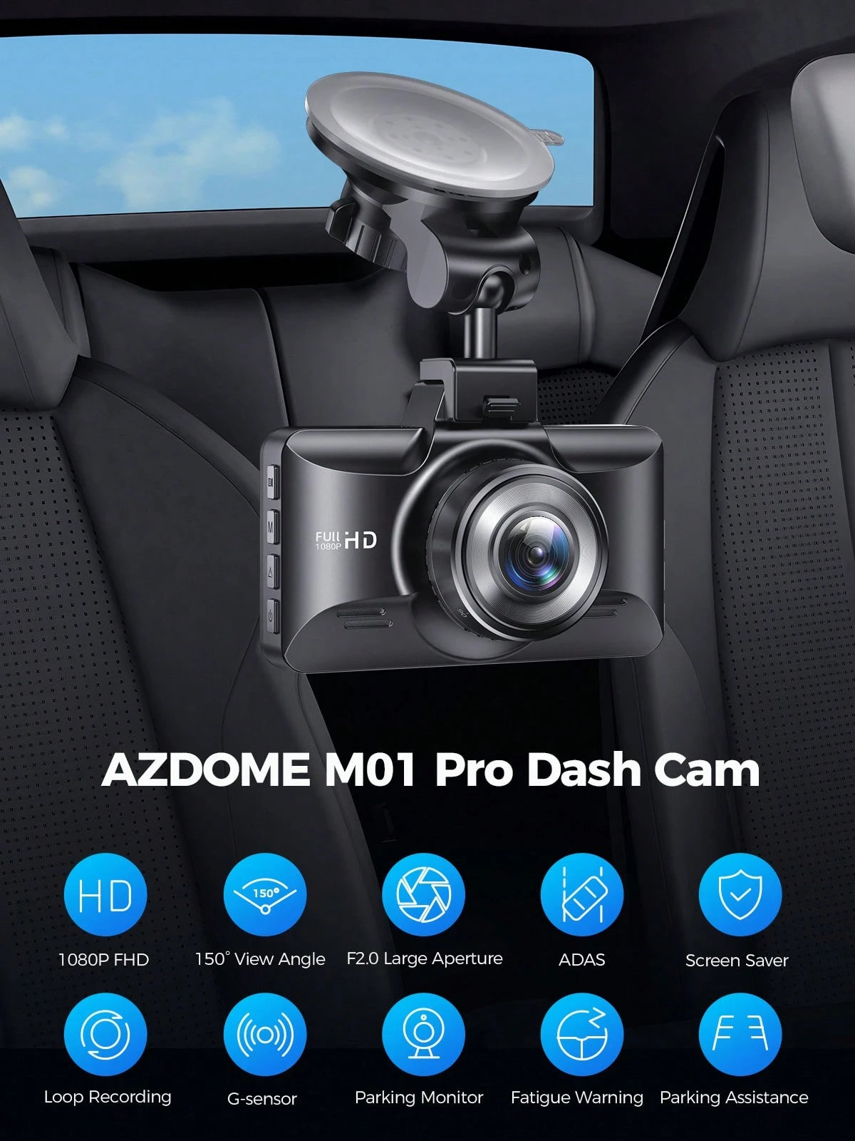 Azdome Dual Dash Cam Front And Rear, 3 Inch Screen FHD Dash Camera For Cars, Free 64GB Card, Built-In ADAS G-Sensor, WDR Night Vision, Waterproof Backup Camera, Park Monitor