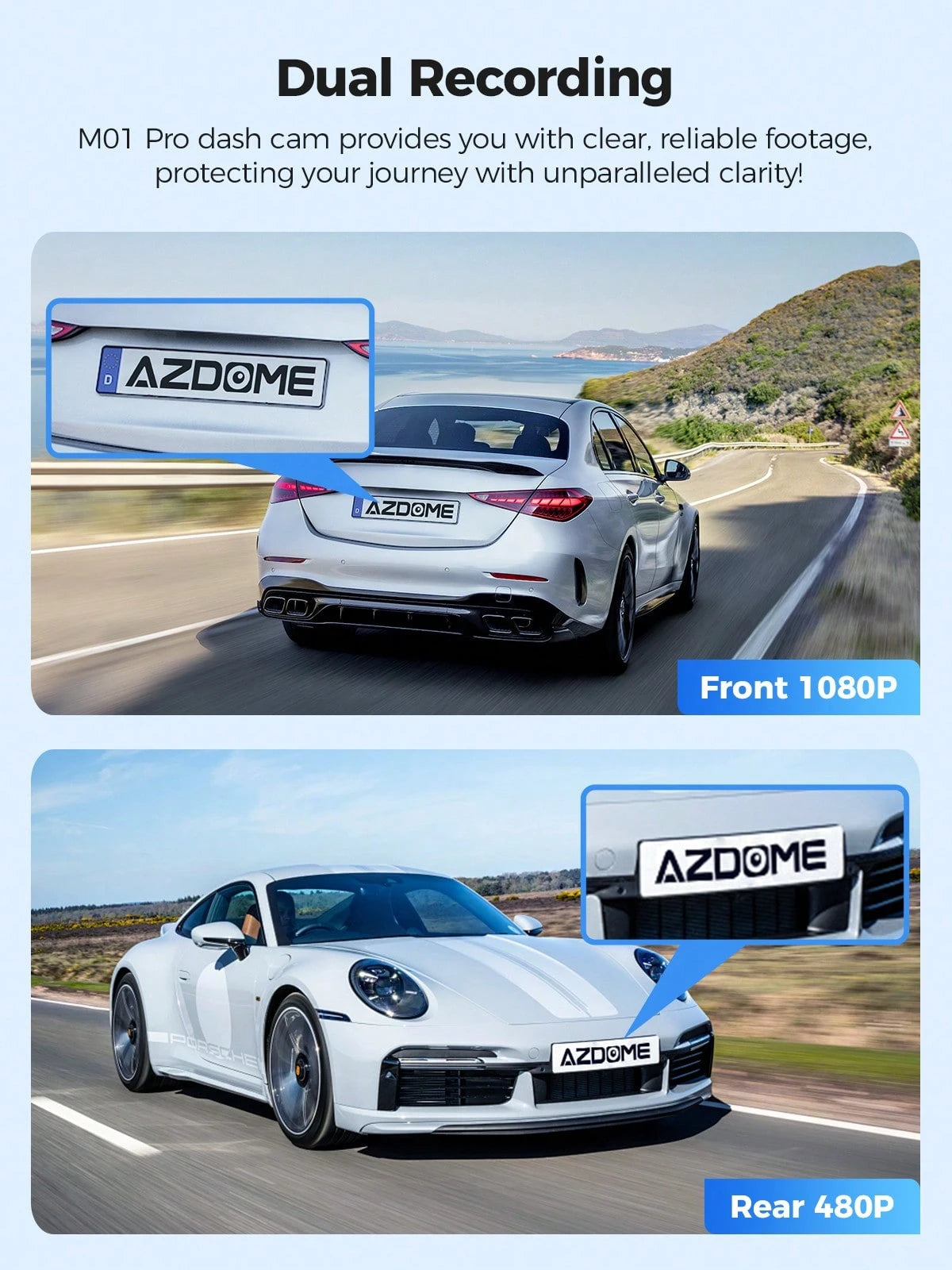Azdome Dual Dash Cam Front And Rear, 3 Inch Screen FHD Dash Camera For Cars, Free 64GB Card, Built-In ADAS G-Sensor, WDR Night Vision, Waterproof Backup Camera, Park Monitor