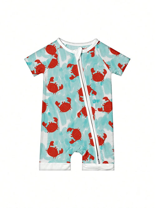 Baby Bamboo Fiber Zip-Up, Blue Crab Print Short Sleeve Romper, Summer Knit Fabric Skinny Fit With Zipper Detail, Baby Girl Clothes, Perfect For Outdoor