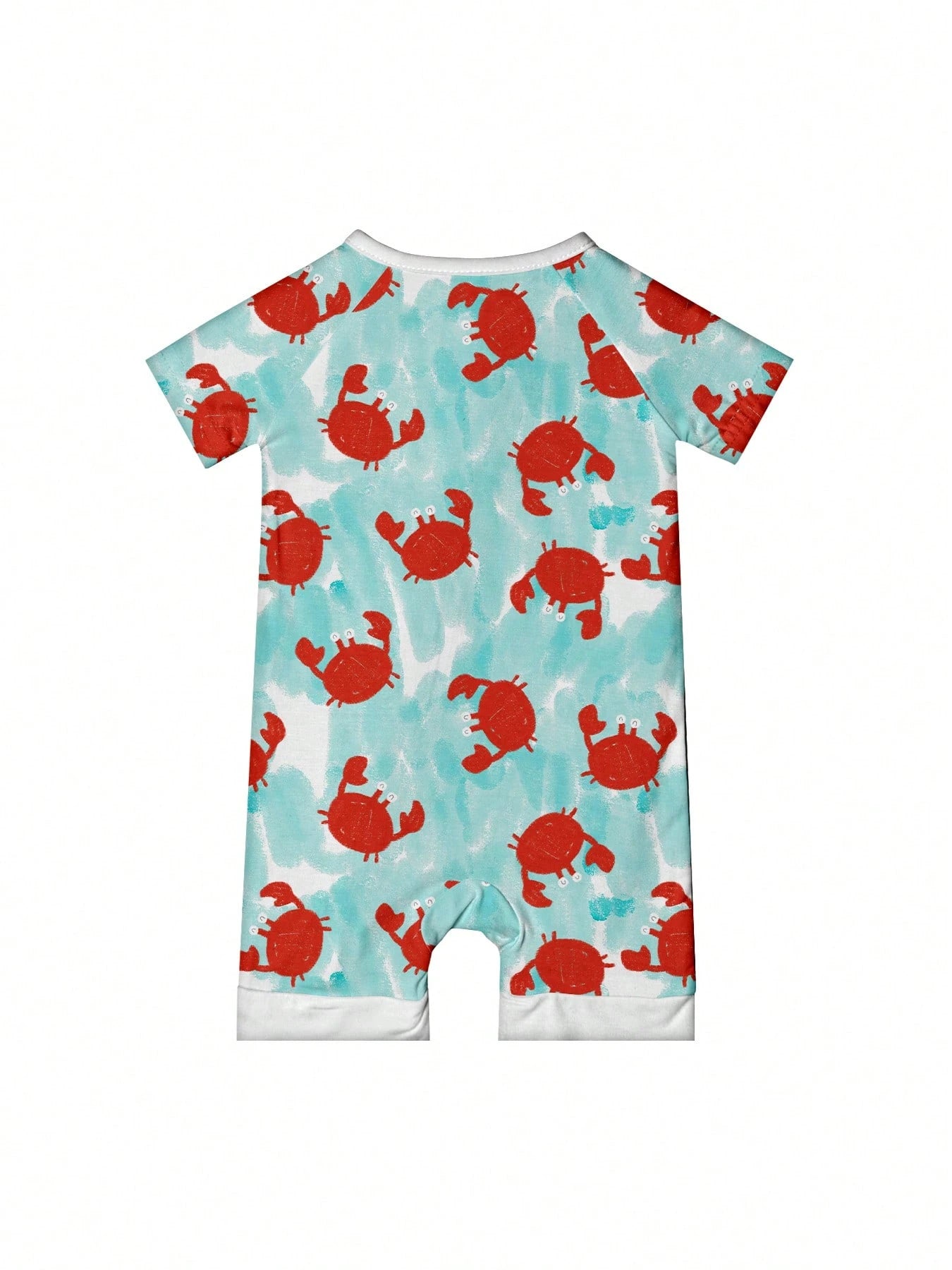 Baby Bamboo Fiber Zip-Up, Blue Crab Print Short Sleeve Romper, Summer Knit Fabric Skinny Fit With Zipper Detail, Baby Girl Clothes, Perfect For Outdoor