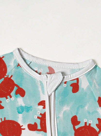 Baby Bamboo Fiber Zip-Up, Blue Crab Print Short Sleeve Romper, Summer Knit Fabric Skinny Fit With Zipper Detail, Baby Girl Clothes, Perfect For Outdoor