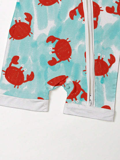 Baby Bamboo Fiber Zip-Up, Blue Crab Print Short Sleeve Romper, Summer Knit Fabric Skinny Fit With Zipper Detail, Baby Girl Clothes, Perfect For Outdoor