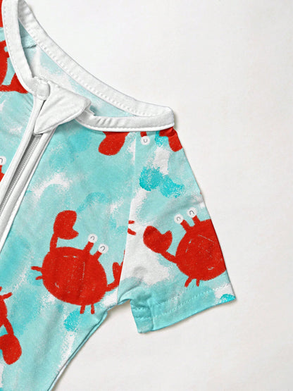 Baby Bamboo Fiber Zip-Up, Blue Crab Print Short Sleeve Romper, Summer Knit Fabric Skinny Fit With Zipper Detail, Baby Girl Clothes, Perfect For Outdoor