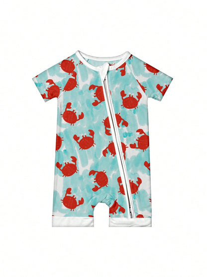 Baby Bamboo Fiber Zip-Up, Blue Crab Print Short Sleeve Romper, Summer Knit Fabric Skinny Fit With Zipper Detail, Baby Girl Clothes, Perfect For Outdoor
