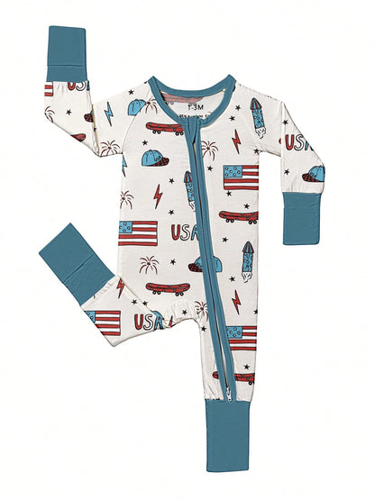 Baby Bamboo Fiber Zip-Up, USA 4TH OF JULY Print Romper, All-Season Knit Fabric Skinny Fit With Zipper Detail, Boy Girl Baby Clothes, Perfect For Outdoor