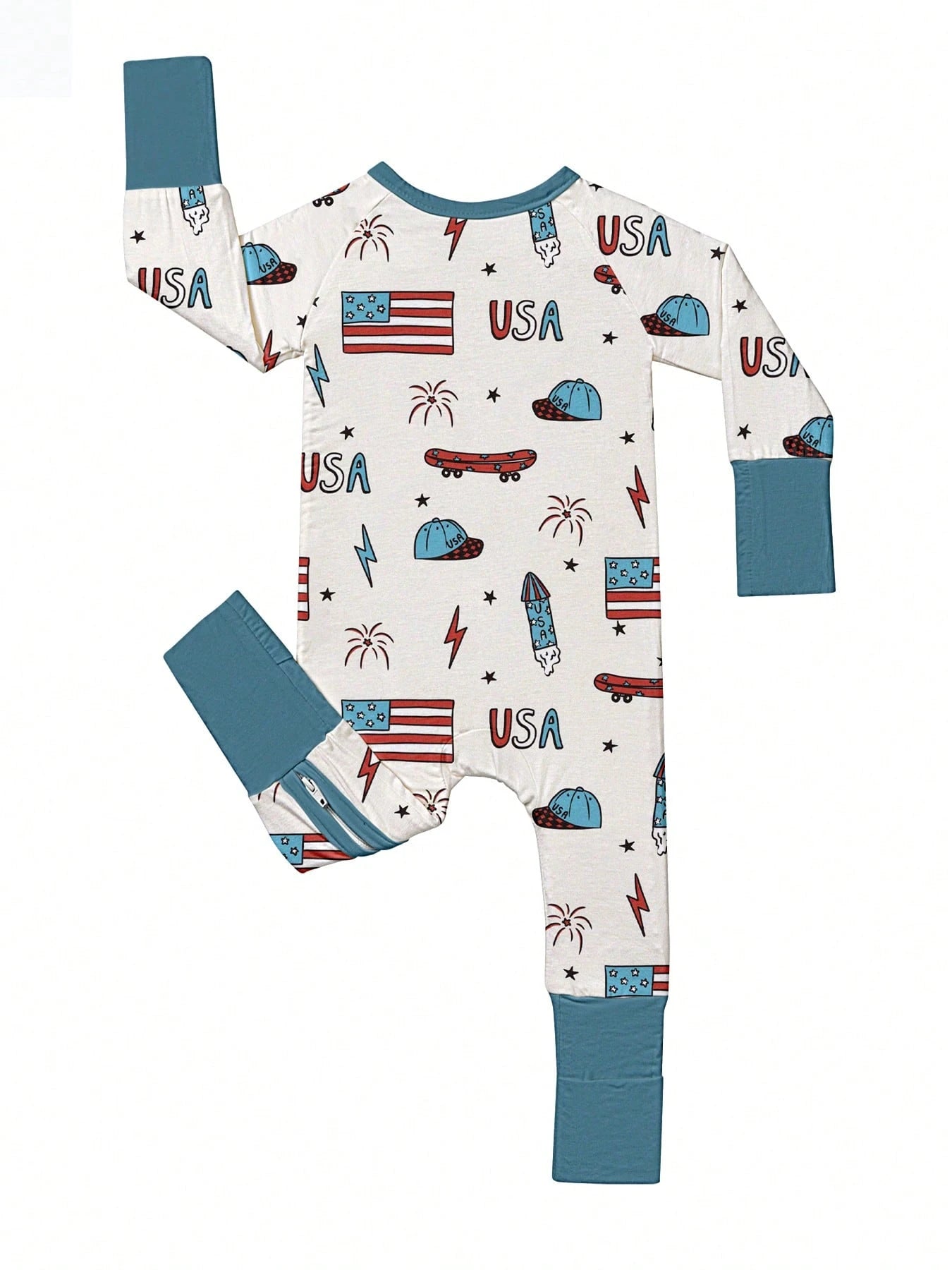 Baby Bamboo Fiber Zip-Up, USA 4TH OF JULY Print Romper, All-Season Knit Fabric Skinny Fit With Zipper Detail, Boy Girl Baby Clothes, Perfect For Outdoor
