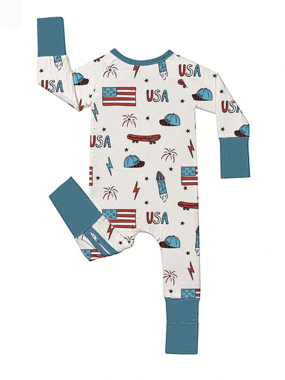 Baby Bamboo Fiber Zip-Up, USA 4TH OF JULY Print Romper, All-Season Knit Fabric Skinny Fit With Zipper Detail, Boy Girl Baby Clothes, Perfect For Outdoor