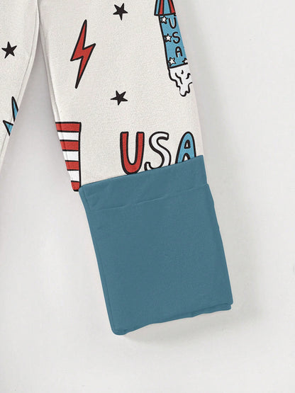 Baby Bamboo Fiber Zip-Up, USA 4TH OF JULY Print Romper, All-Season Knit Fabric Skinny Fit With Zipper Detail, Boy Girl Baby Clothes, Perfect For Outdoor