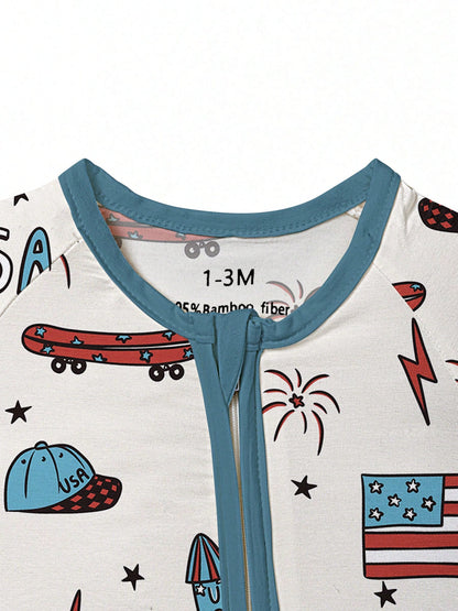 Baby Bamboo Fiber Zip-Up, USA 4TH OF JULY Print Romper, All-Season Knit Fabric Skinny Fit With Zipper Detail, Boy Girl Baby Clothes, Perfect For Outdoor