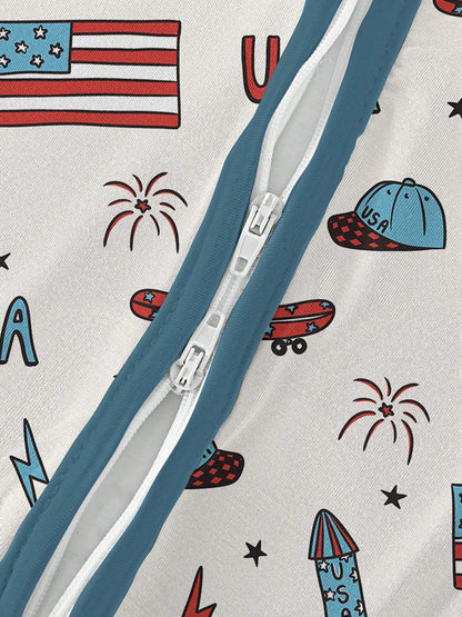 Baby Bamboo Fiber Zip-Up, USA 4TH OF JULY Print Romper, All-Season Knit Fabric Skinny Fit With Zipper Detail, Boy Girl Baby Clothes, Perfect For Outdoor