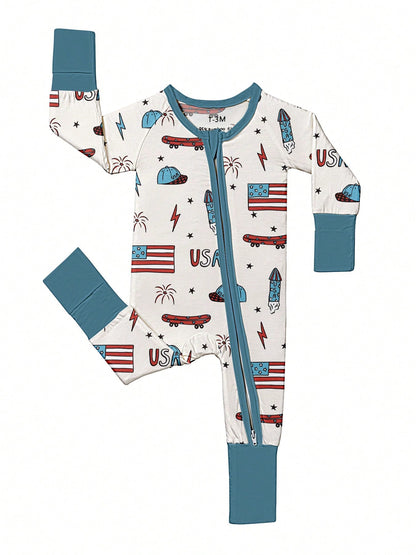 Baby Bamboo Fiber Zip-Up, USA 4TH OF JULY Print Romper, All-Season Knit Fabric Skinny Fit With Zipper Detail, Boy Girl Baby Clothes, Perfect For Outdoor