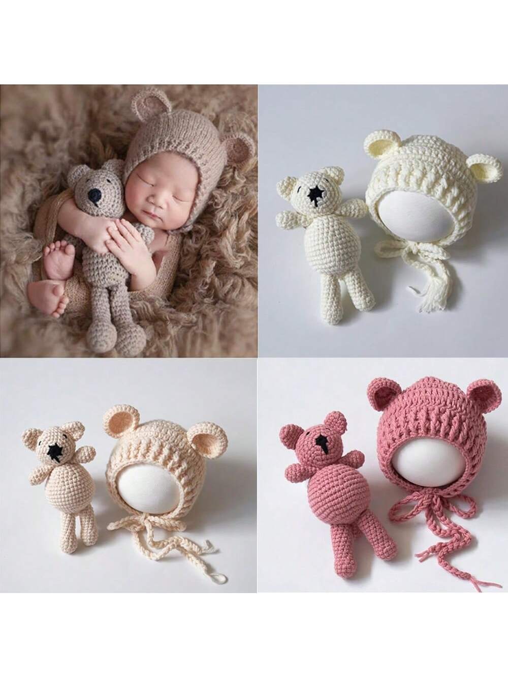 Baby Beanie Caps Bear Dolls Set Newborn Photography Props Infant Knitted Hat Posing Doll Girls Boys Photoshoot Accessories