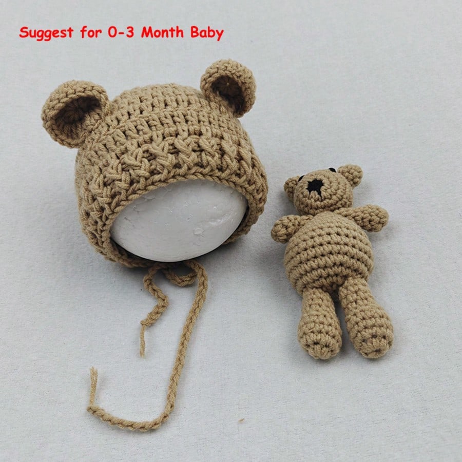 Baby Beanie Caps Bear Dolls Set Newborn Photography Props Infant Knitted Hat Posing Doll Girls Boys Photoshoot Accessories