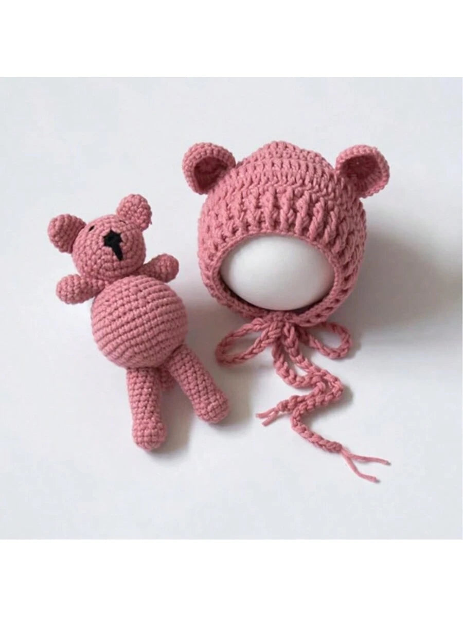 Baby Beanie Caps Bear Dolls Set Newborn Photography Props Infant Knitted Hat Posing Doll Girls Boys Photoshoot Accessories