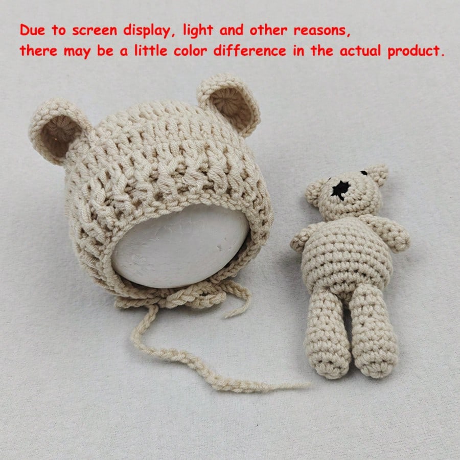Baby Beanie Caps Bear Dolls Set Newborn Photography Props Infant Knitted Hat Posing Doll Girls Boys Photoshoot Accessories