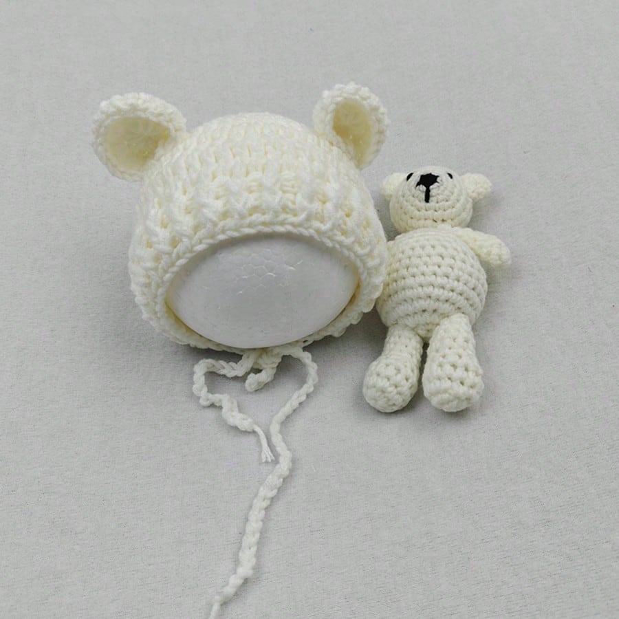 Baby Beanie Caps Bear Dolls Set Newborn Photography Props Infant Knitted Hat Posing Doll Girls Boys Photoshoot Accessories