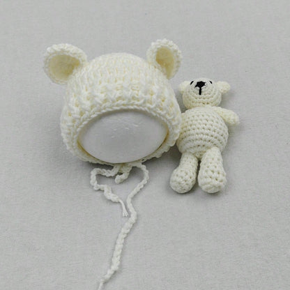 Baby Beanie Caps Bear Dolls Set Newborn Photography Props Infant Knitted Hat Posing Doll Girls Boys Photoshoot Accessories