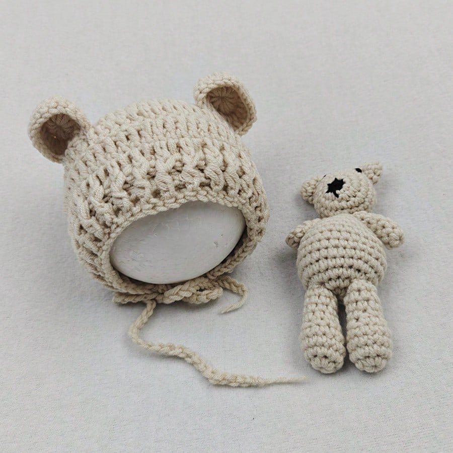 Baby Beanie Caps Bear Dolls Set Newborn Photography Props Infant Knitted Hat Posing Doll Girls Boys Photoshoot Accessories