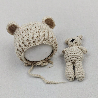 Baby Beanie Caps Bear Dolls Set Newborn Photography Props Infant Knitted Hat Posing Doll Girls Boys Photoshoot Accessories