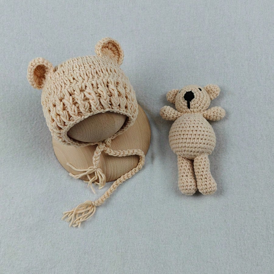 Baby Beanie Caps Bear Dolls Set Newborn Photography Props Infant Knitted Hat Posing Doll Girls Boys Photoshoot Accessories