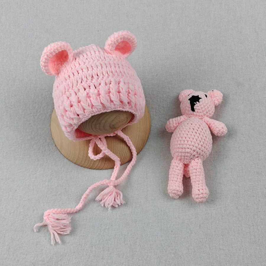 Baby Beanie Caps Bear Dolls Set Newborn Photography Props Infant Knitted Hat Posing Doll Girls Boys Photoshoot Accessories