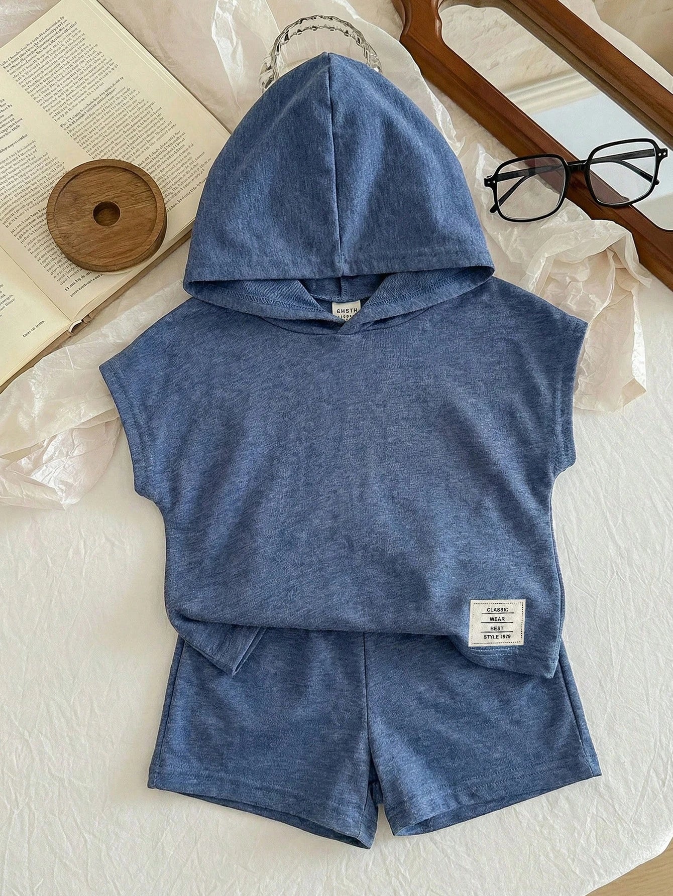 Baby Boy 2 Piece Summer Casual Beach Set,Blue Hooded T-Shirt & Shorts Outfit,Fashion Daily Commute Sports Style Letter Print New Born Clothes Set