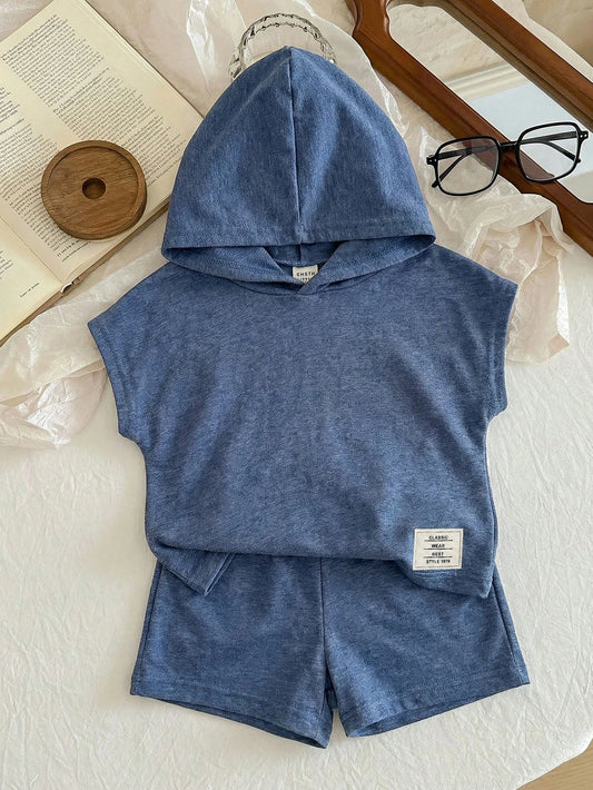 Baby Boy 2 Piece Summer Casual Beach Set,Blue Hooded T-Shirt & Shorts Outfit,Fashion Daily Commute Sports Style Letter Print New Born Clothes Set