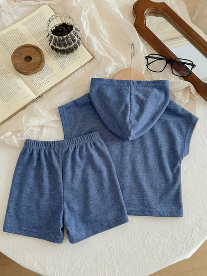 Baby Boy 2 Piece Summer Casual Beach Set,Blue Hooded T-Shirt & Shorts Outfit,Fashion Daily Commute Sports Style Letter Print New Born Clothes Set