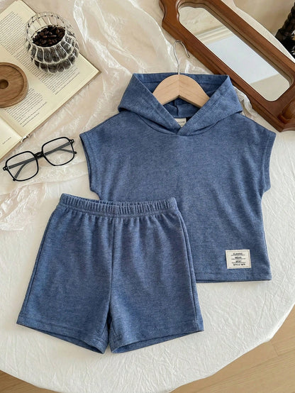 Baby Boy 2 Piece Summer Casual Beach Set,Blue Hooded T-Shirt & Shorts Outfit,Fashion Daily Commute Sports Style Letter Print New Born Clothes Set