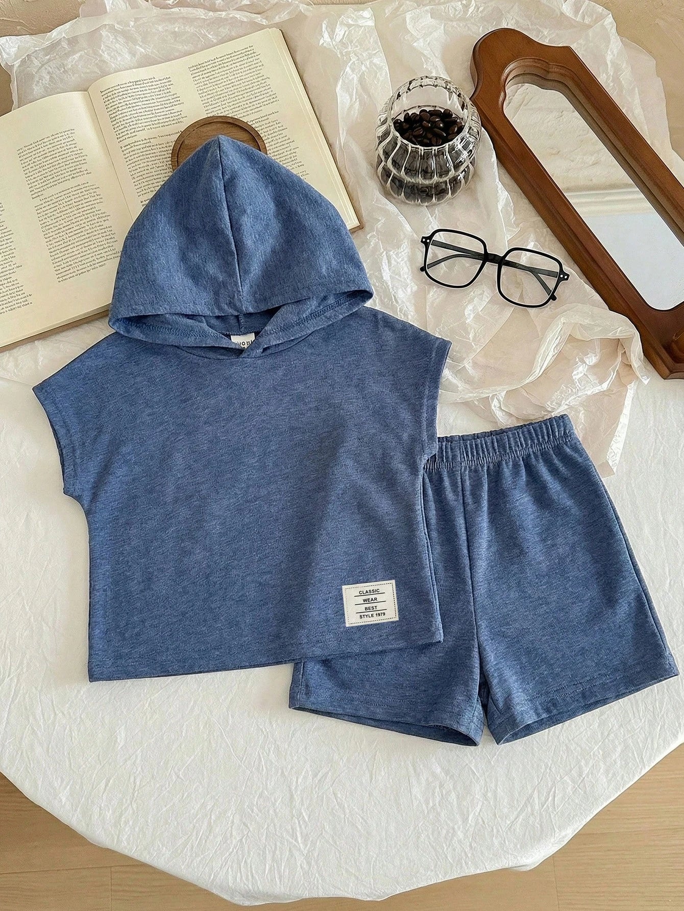 Baby Boy 2 Piece Summer Casual Beach Set,Blue Hooded T-Shirt & Shorts Outfit,Fashion Daily Commute Sports Style Letter Print New Born Clothes Set