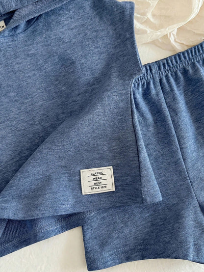 Baby Boy 2 Piece Summer Casual Beach Set,Blue Hooded T-Shirt & Shorts Outfit,Fashion Daily Commute Sports Style Letter Print New Born Clothes Set