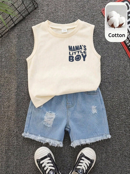 Baby Boy/Baby Boy 2pcs Spring/Summer Casual Cute Tank Top And Denim Shorts Set, Baby Boy Outfit Sets, Baby Boy Summer Clothes, Squishy, Jeans, Denim