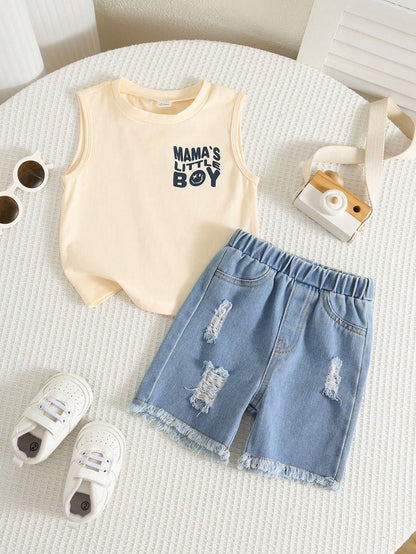 Baby Boy/Baby Boy 2pcs Spring/Summer Casual Cute Tank Top And Denim Shorts Set, Baby Boy Outfit Sets, Baby Boy Summer Clothes, Squishy, Jeans, Denim