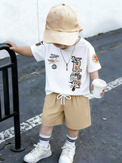 Baby Boy Cartoon Print Round Neck Short Sleeve T-Shirt And Casual Drawstring Waist Shorts Set