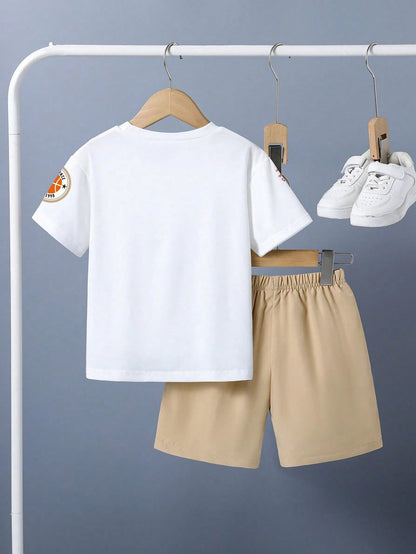Baby Boy Cartoon Print Round Neck Short Sleeve T-Shirt And Casual Drawstring Waist Shorts Set